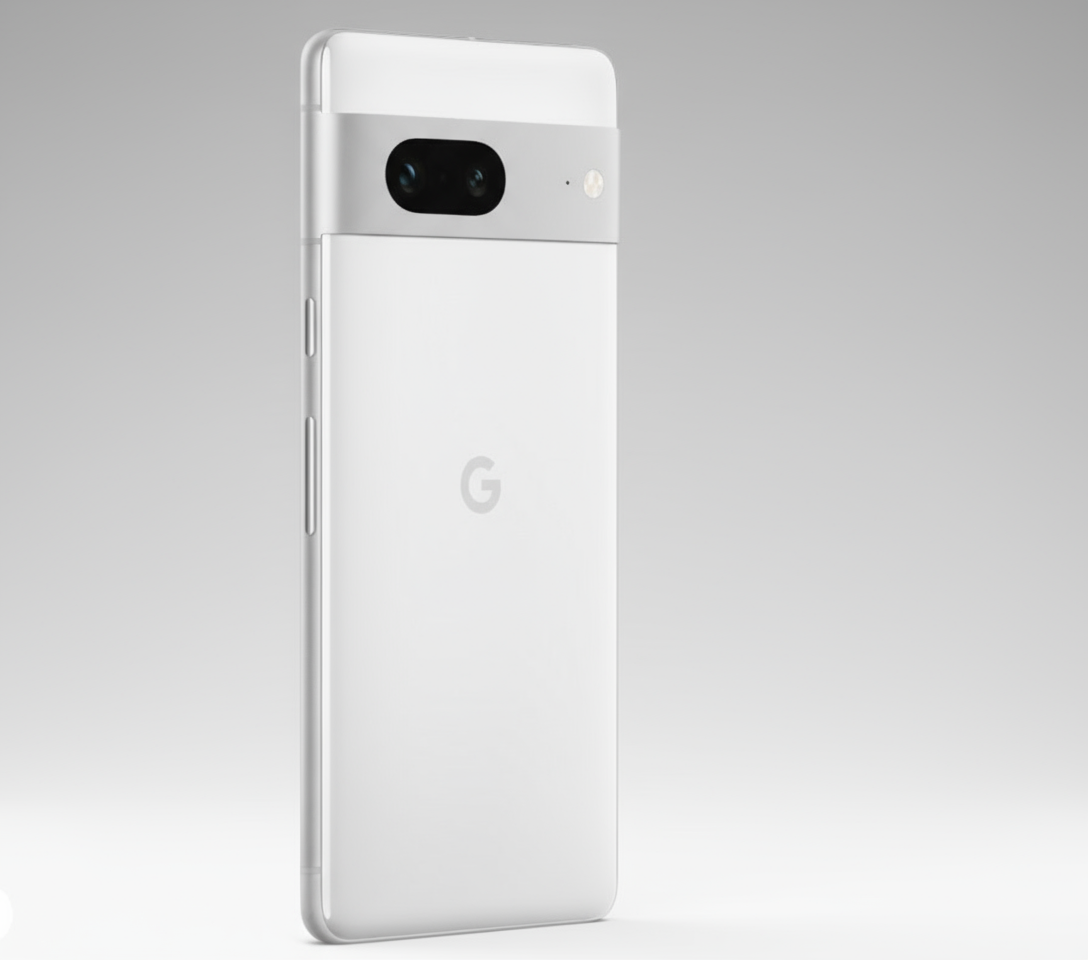 White smartphone with a camera and Google logo on a white background